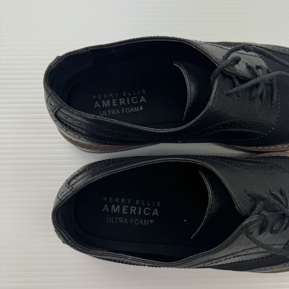 Perry Ellis Alfred Mens 13 Black Wingtip Oxford Brogue Dress Shoes Ultra Foam - Picture 2 of 10